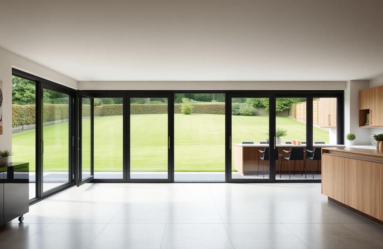 Aluminium bifold doors open onto a garden from a contemporary kitchen-diner in the West Midlands