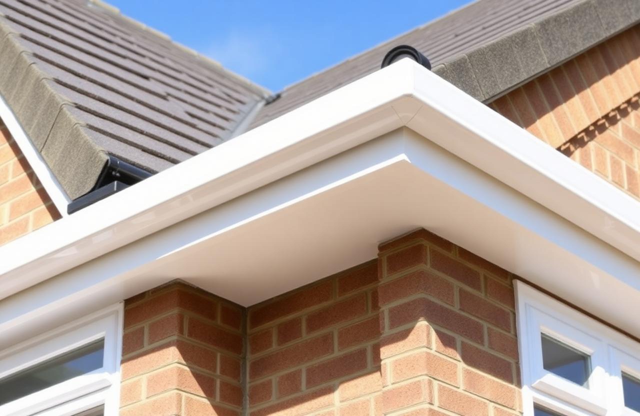 Close-up of newly installed white uPVC fascia, soffit and black guttering on a Wolverhampton home